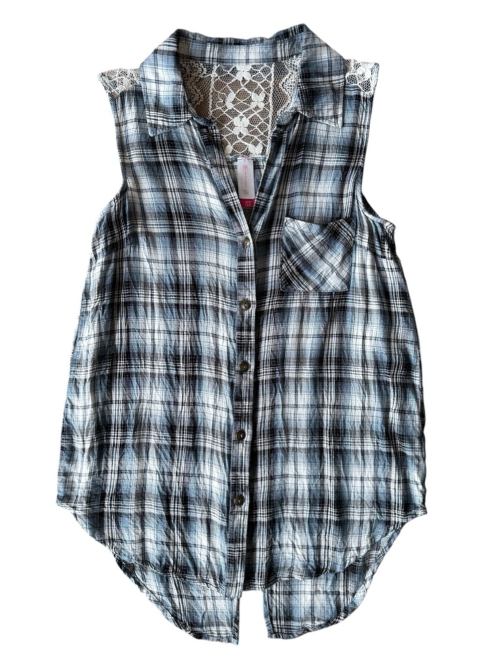 No Boundaries Sleeveless  Lace Back Blue Plaid Button Down Collared Top Small